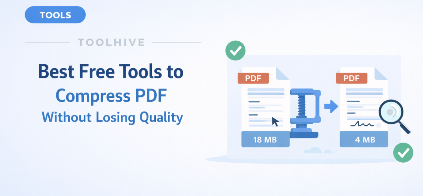 Illustration of compressing a PDF file from large to small size without losing quality using online tools