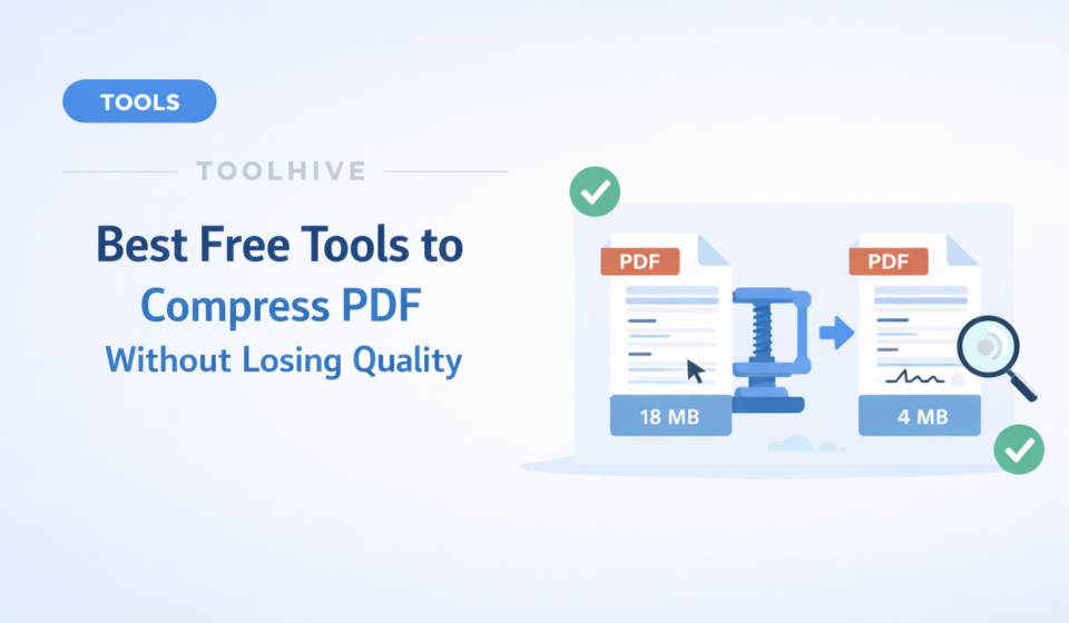 Illustration of compressing a PDF file from large to small size without losing quality using online tools
